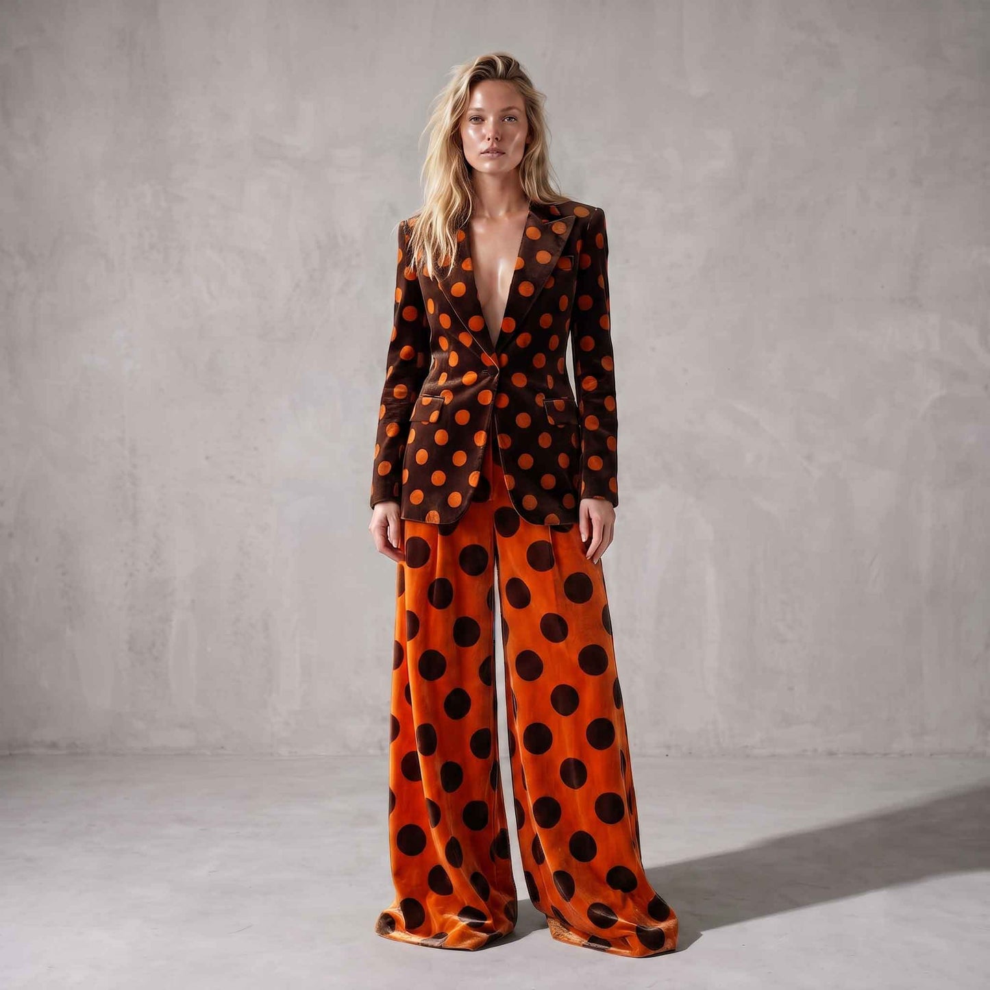 Brown & Orange Polka Dot Velvet Suit Set