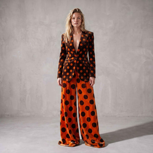 Brown & Orange Polka Dot Velvet Suit Set