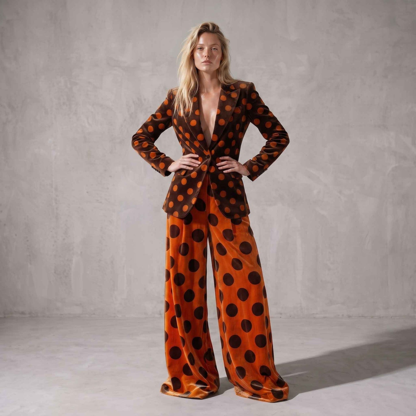Brown & Orange Polka Dot Velvet Suit Set
