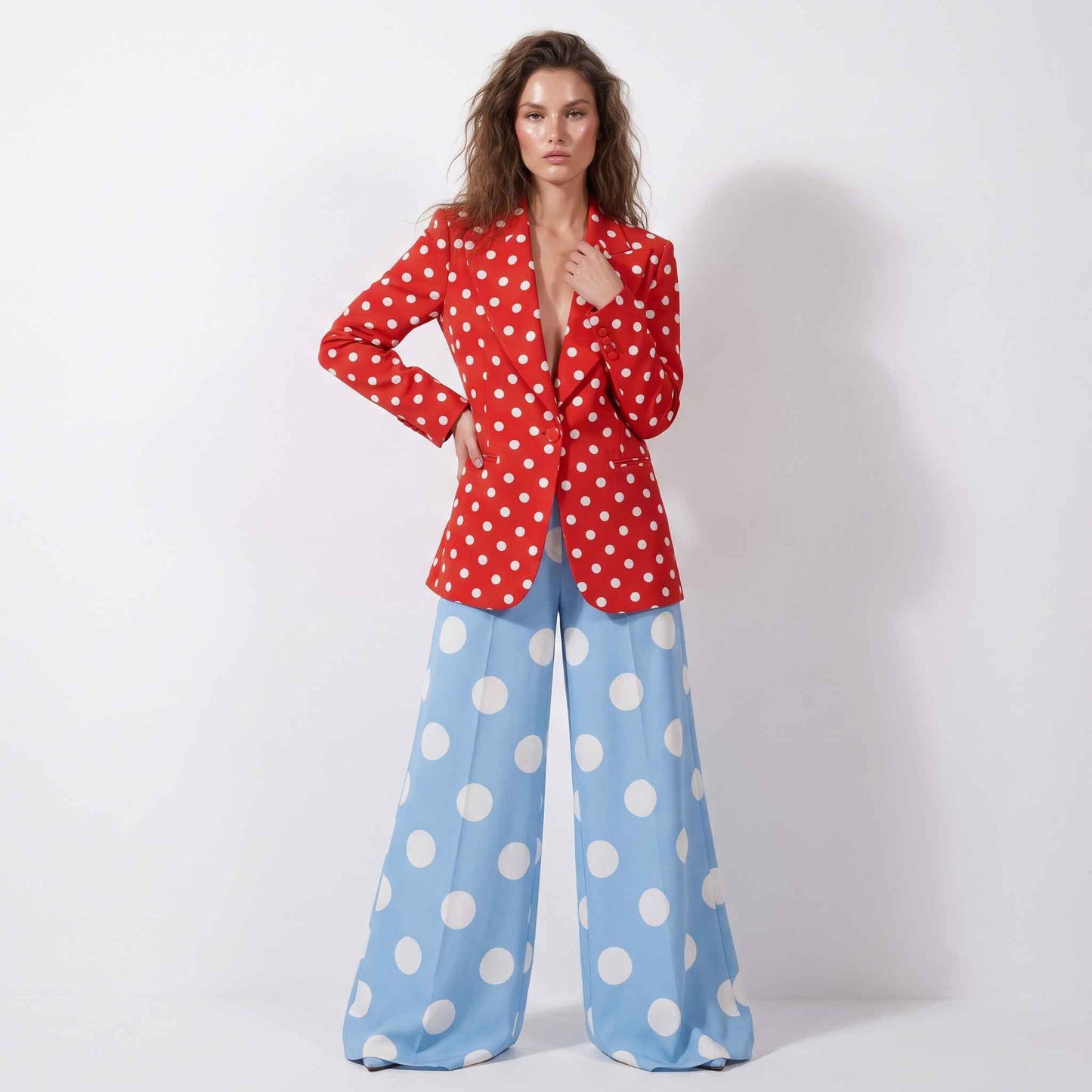 Polka Dot Blazer & Wide-Leg Trouser Set – Red & Sky Blue