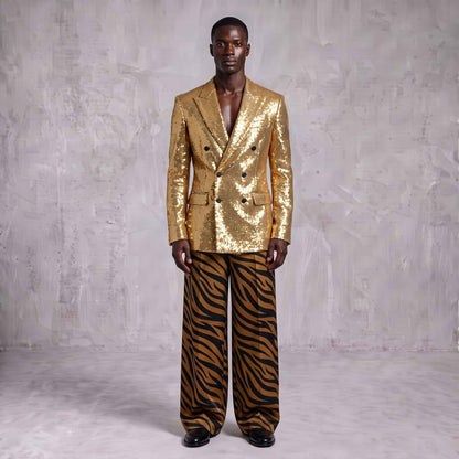 Golden Sequin Blazer & Animal Print Men's Suit