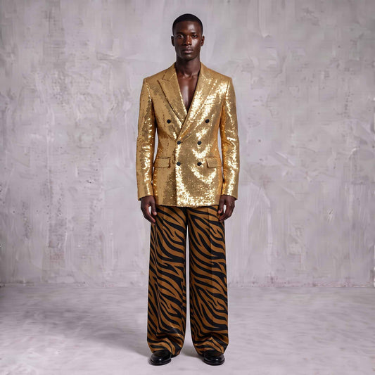 Golden Sequin Blazer & Animal Print Men's Suit