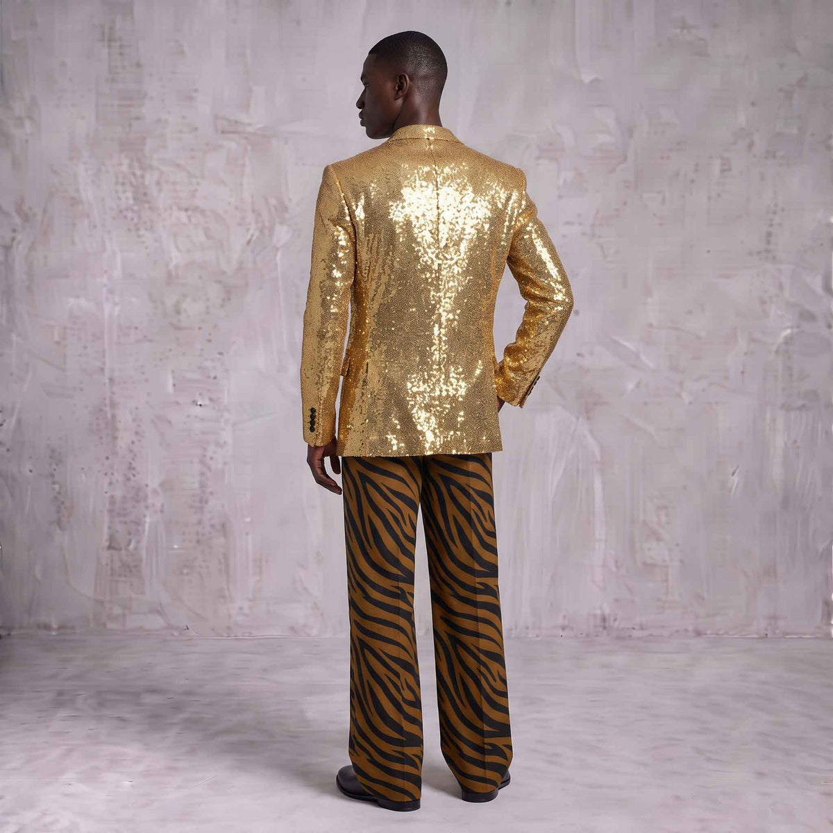 Golden Sequin Blazer & Animal Print Men's Suit