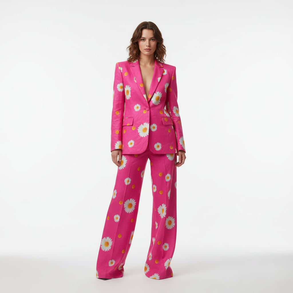 Woman wearing hot pink daisy print pant suit, styled look - ARTSAY