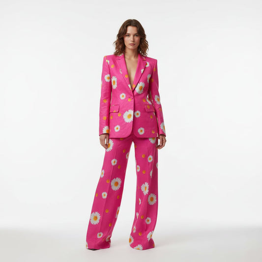 Woman wearing hot pink daisy print pant suit, styled look - ARTSAY