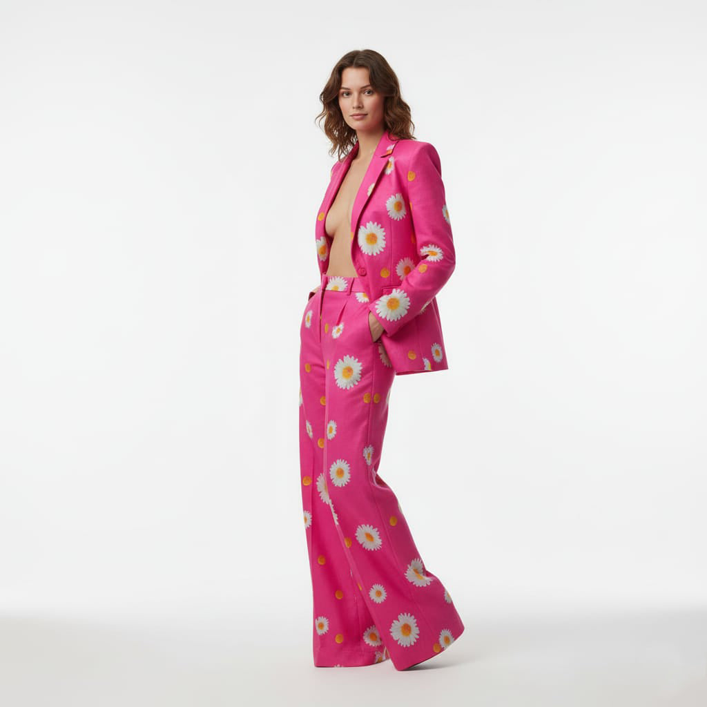 Hot pink daisy print blazer and wide leg pant suit, front view - ARTSAY