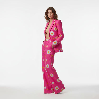 Hot pink daisy print blazer and wide leg pant suit, front view - ARTSAY