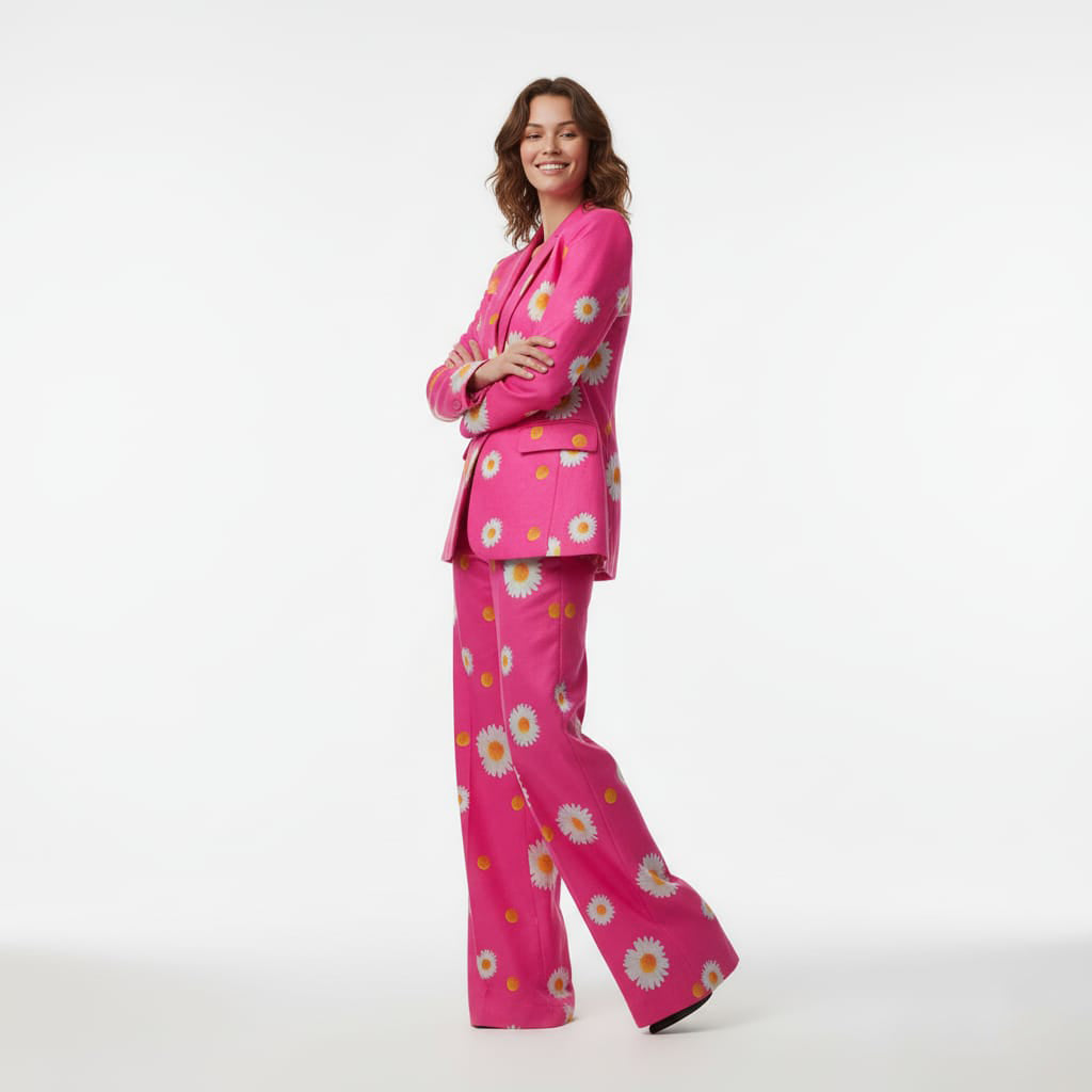 Close-up of daisy print pattern on hot pink blazer - ARTSAY