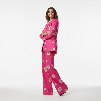 Close-up of daisy print pattern on hot pink blazer - ARTSAY