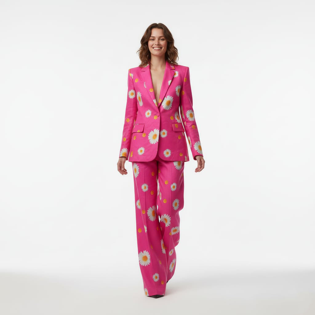 Hot pink daisy print pant suit, back view - ARTSAY