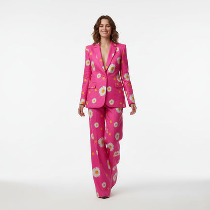 Hot pink daisy print pant suit, back view - ARTSAY