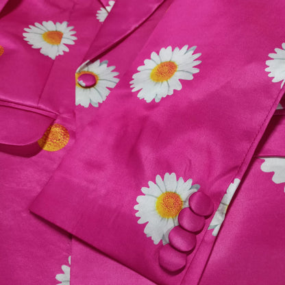 Detail shot of hot pink daisy print blazer lapel - ARTSAY