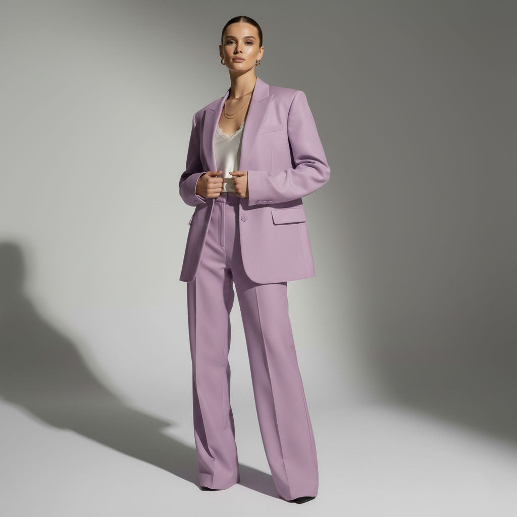 Woman wearing a lavender suit against a gray background