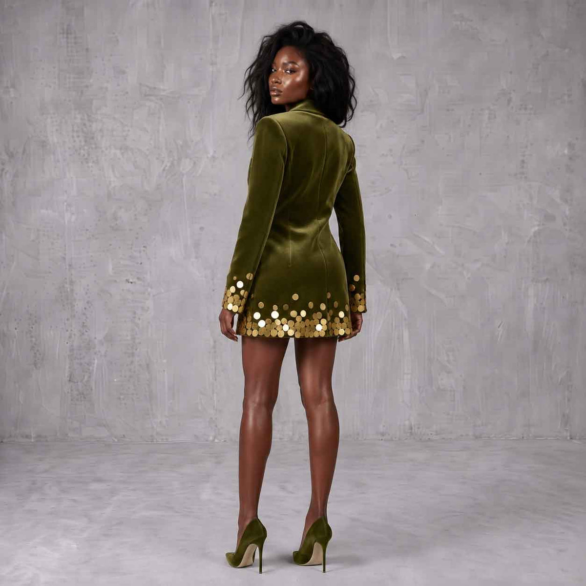 Olive Green Velvet Sequin Blazer Dress