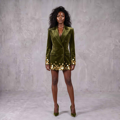 Olive Green Velvet Sequin Blazer Dress
