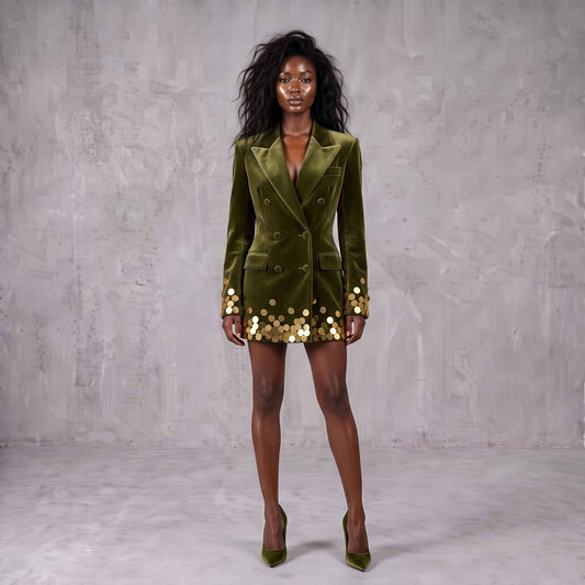 Olive Green Velvet Sequin Blazer Dress