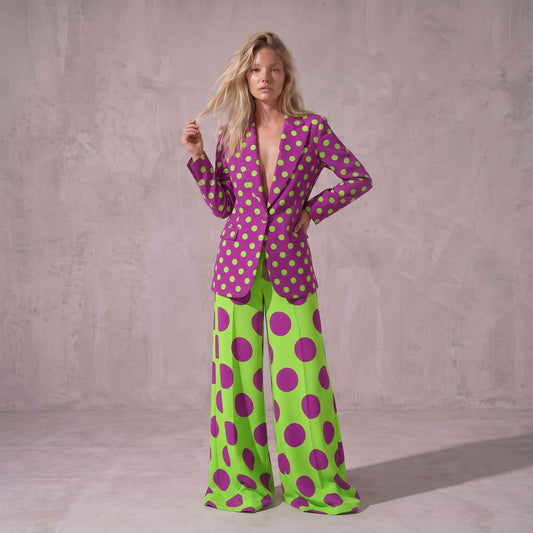Purple & Green Polka Dot Blazer Suit Set