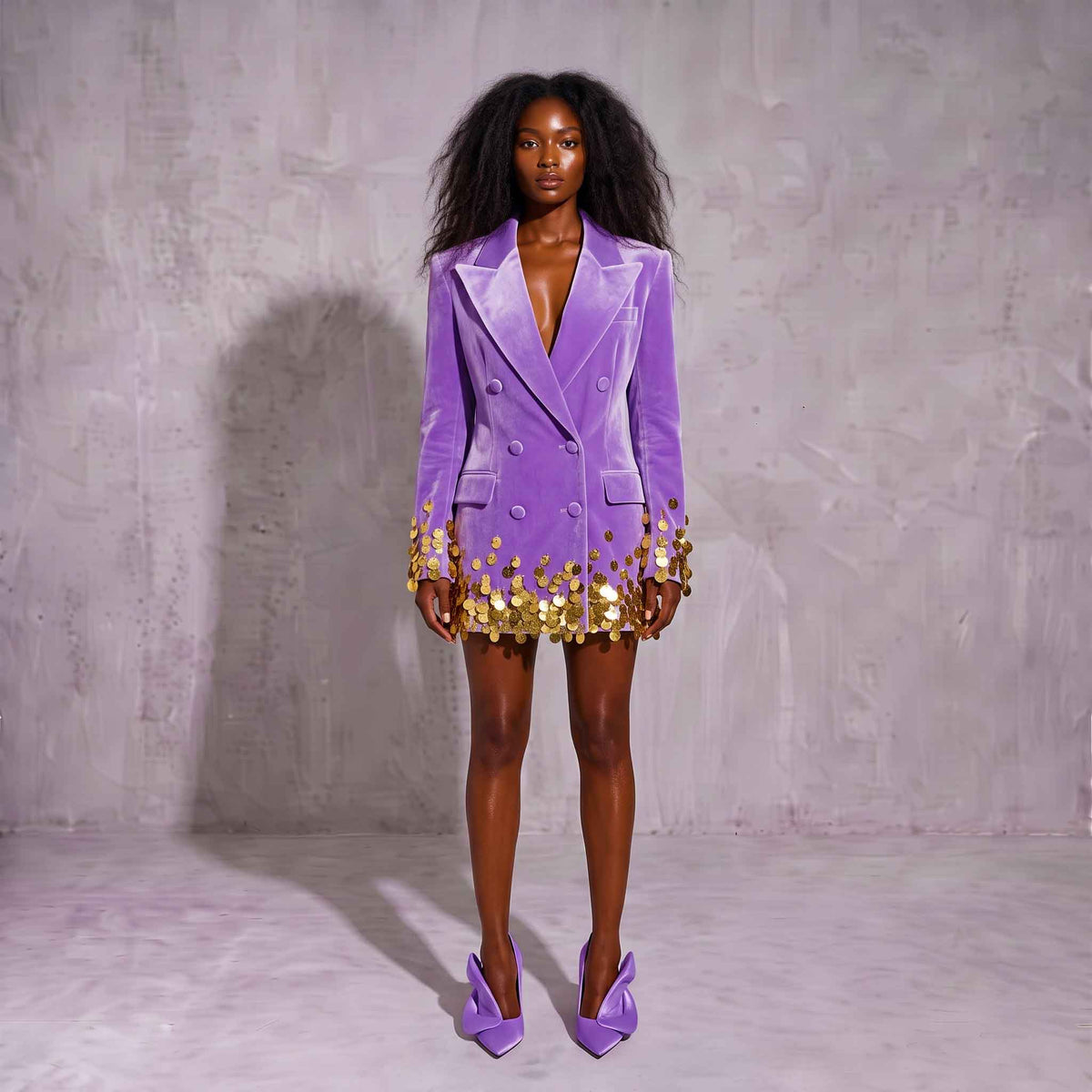 Purple Velvet Hand-Embellished Sequin Blazer
