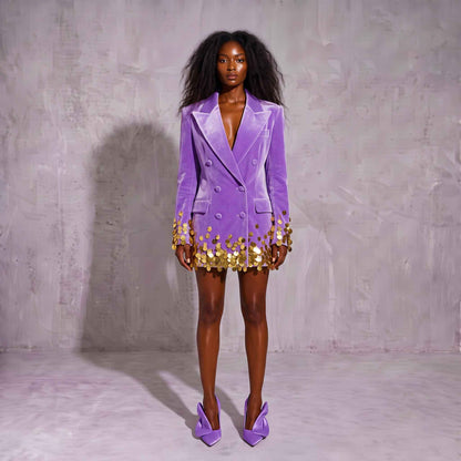Purple Velvet Hand-Embellished Sequin Blazer