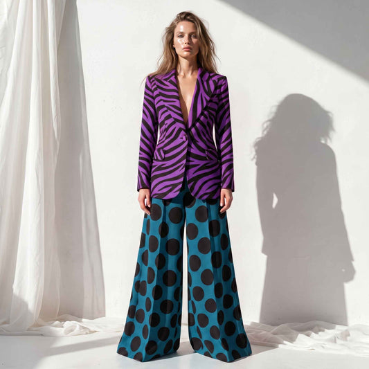 Purple Zebra Blazer & Teal Polka Palazzo
