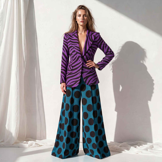Purple Zebra Blazer & Teal Polka Palazzo