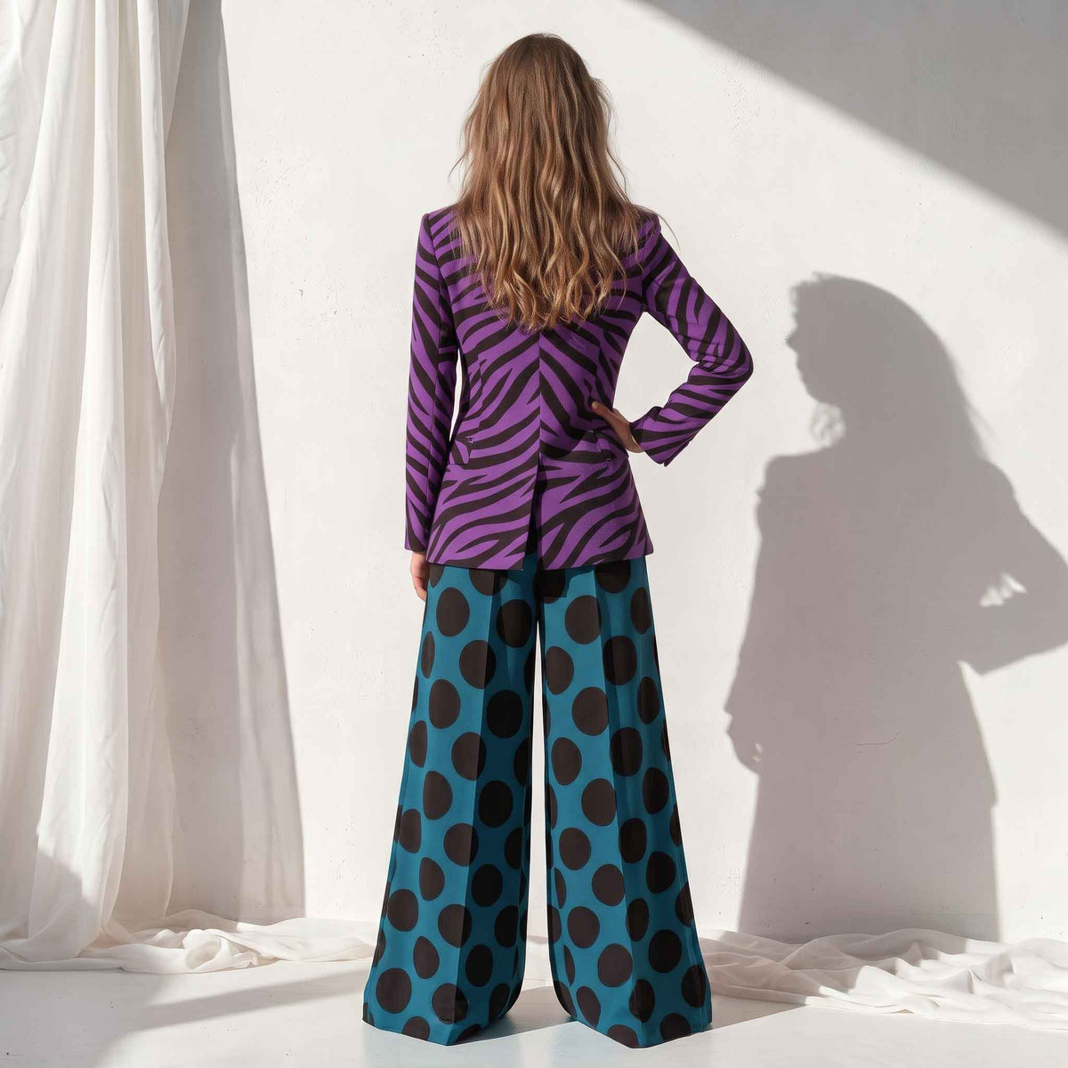 Purple Zebra Blazer & Teal Polka Palazzo