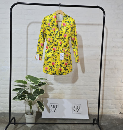 Lux Floral Velvet Blazer Dress - Mustard Yellow Rose Print Mini