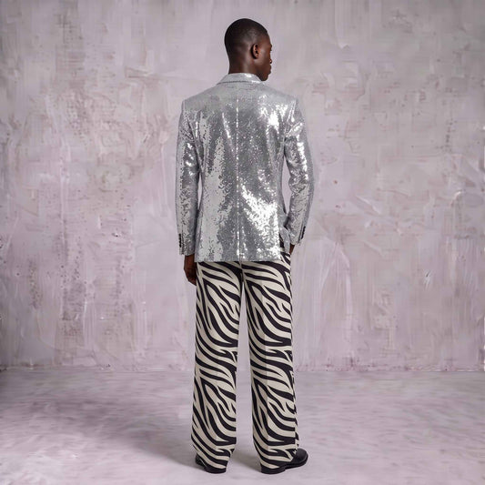 Silver Sequin Blazer & Zebra Print Men's Suit