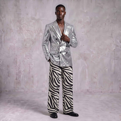 Silver Sequin Blazer & Zebra Print Men's Suit