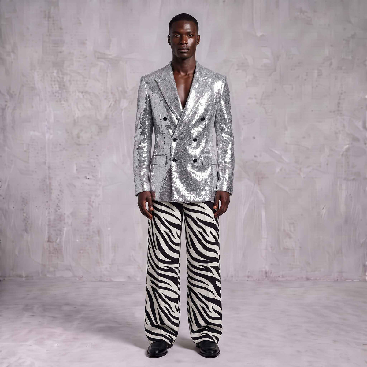 Silver Sequin Blazer & Zebra Print Men's Suit