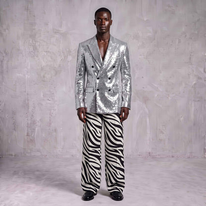Silver Sequin Blazer & Zebra Print Men's Suit