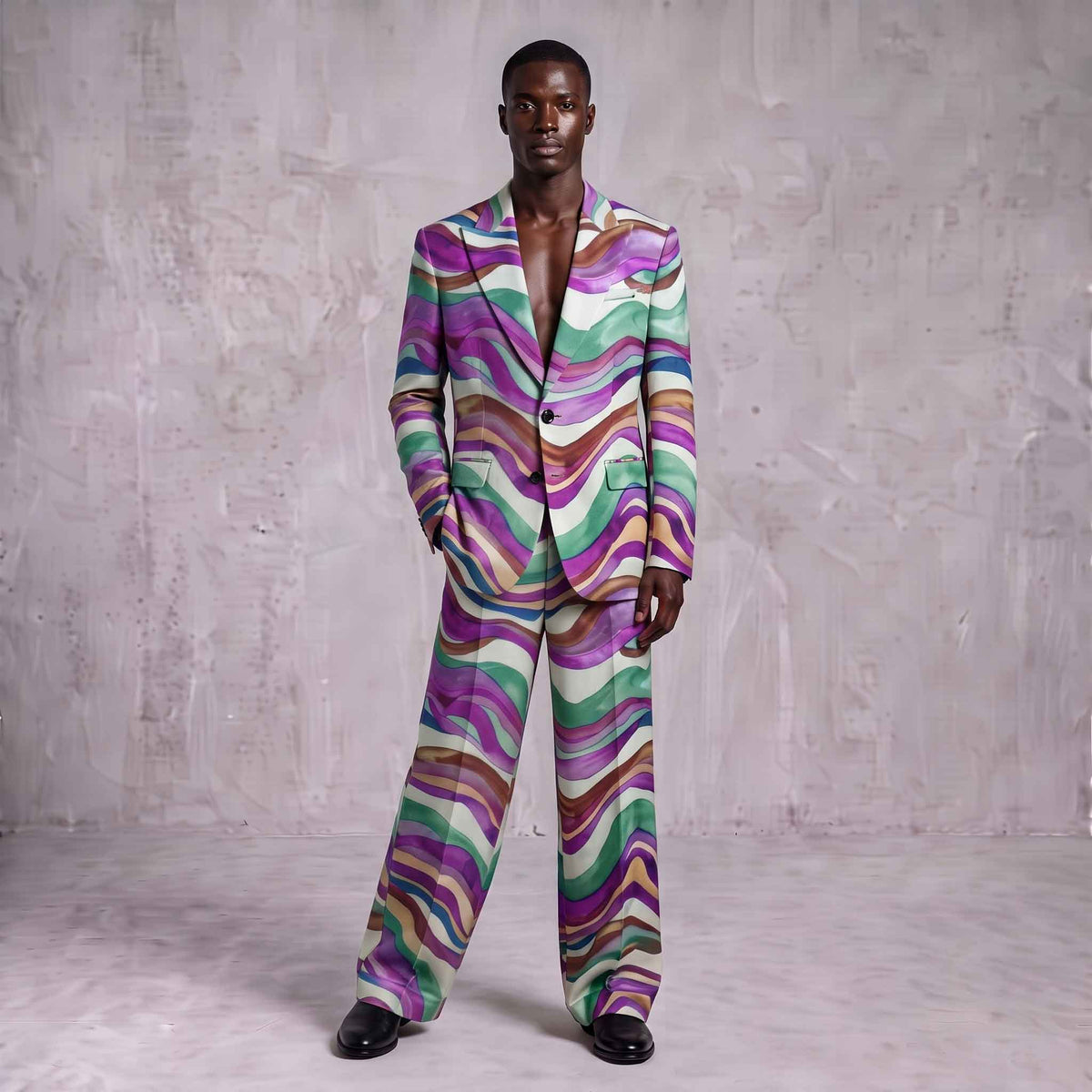 Multicolor Wave Print Men's Suit