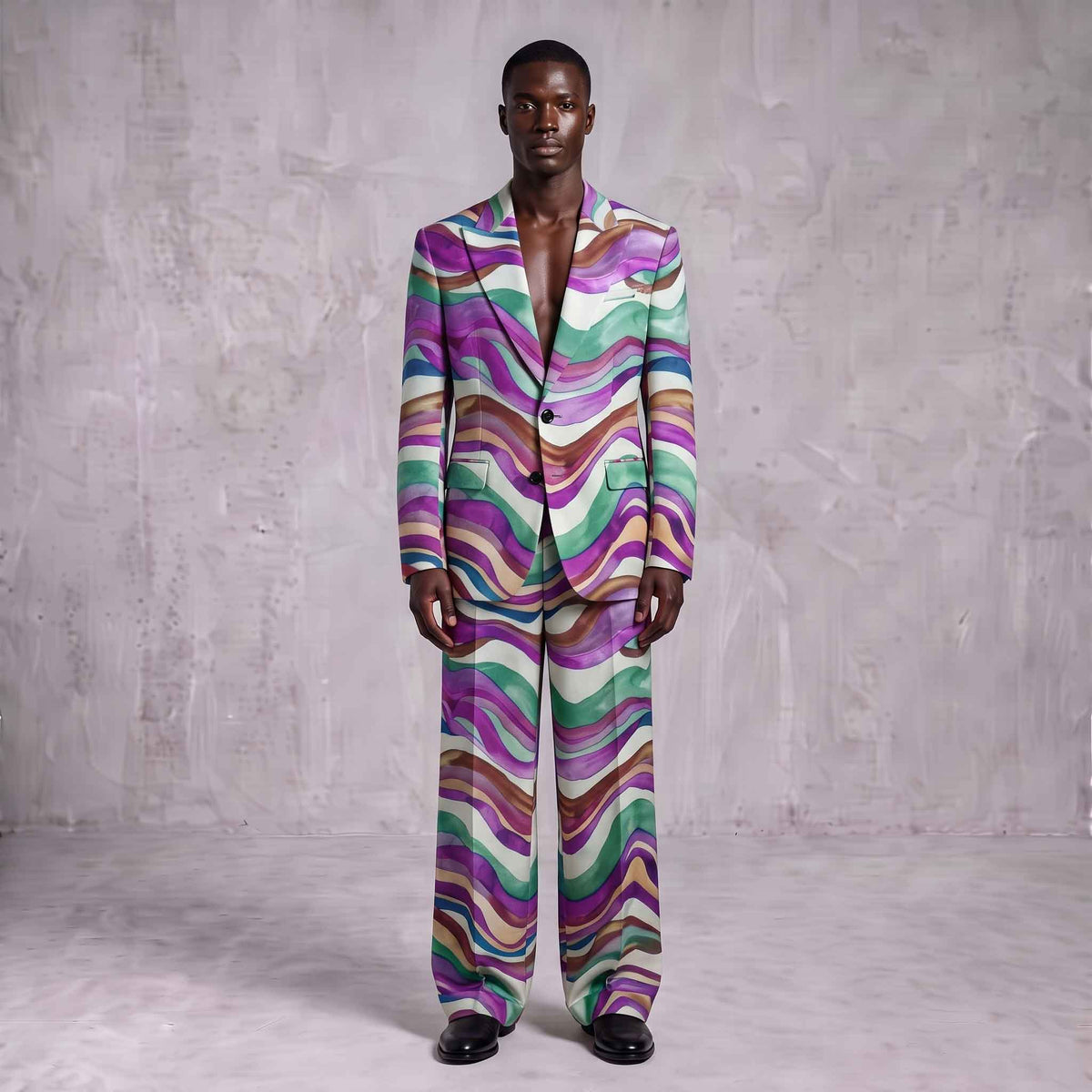 Multicolor Wave Print Men's Suit