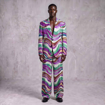 Multicolor Wave Print Men's Suit