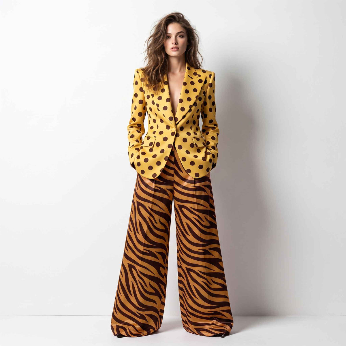 Yellow & Brown Polka Dot With Stripe Statement Suit