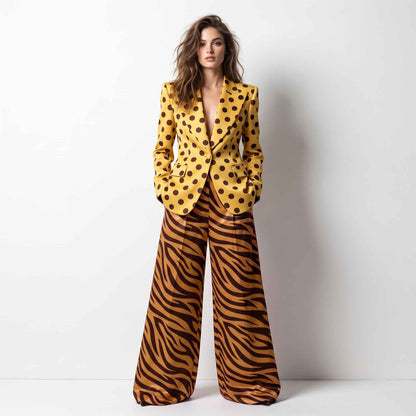 Yellow & Brown Polka Dot With Stripe Statement Suit