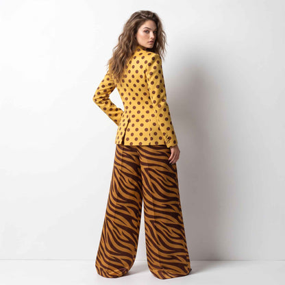Yellow & Brown Polka Dot With Stripe Statement Suit