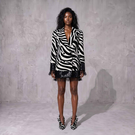 Zebra Velvet Double-Breasted Blazer